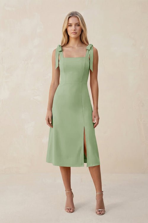 Square Neck A - Line Satin Midi Bridesmaid Dress With Bow in Sage - KissProm Bridesmaid Dresses
