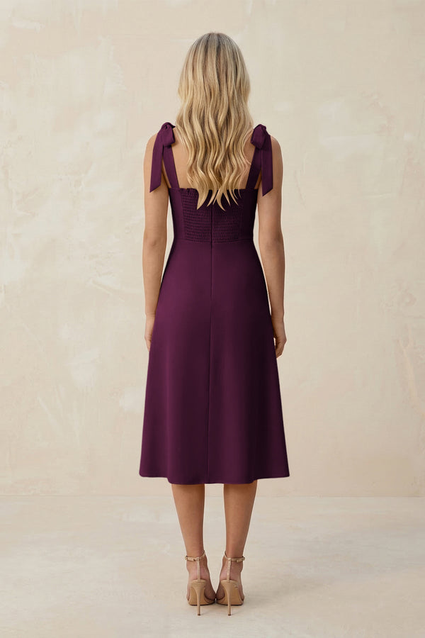 Square Neck A - Line Satin Midi Bridesmaid Dress With Bow in Sangria - KissProm Bridesmaid Dresses