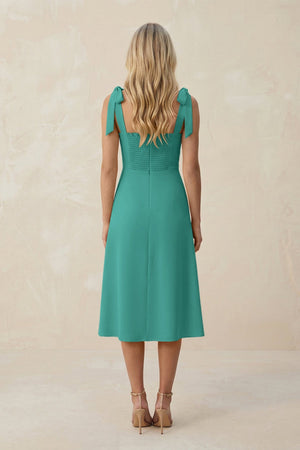 Square Neck A - Line Satin Midi Bridesmaid Dress With Bow in Sea Glass - KissProm Bridesmaid Dresses