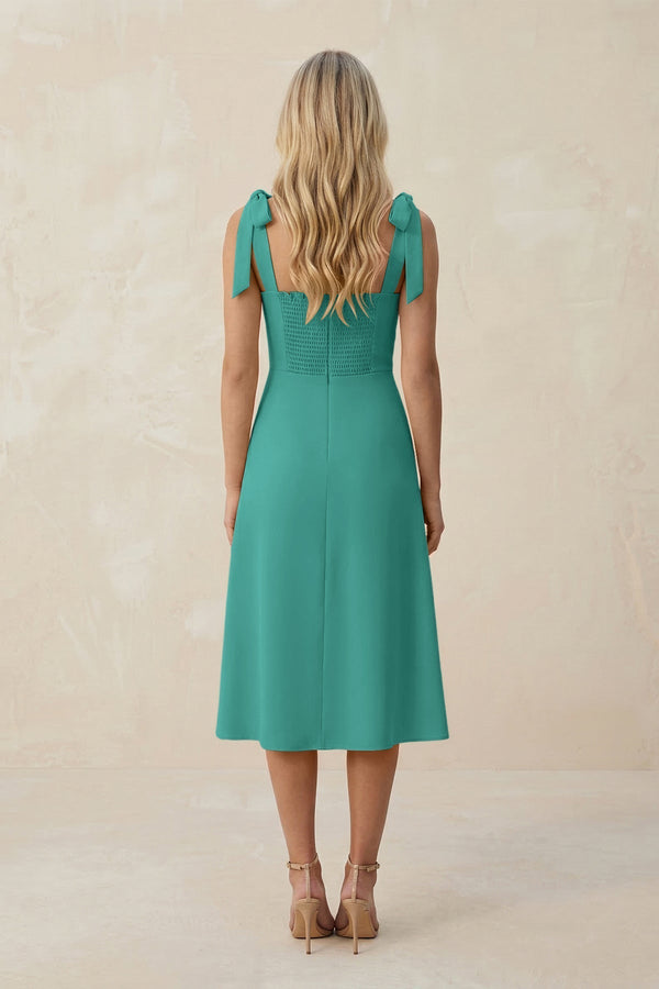 Square Neck A - Line Satin Midi Bridesmaid Dress With Bow in Sea Glass - KissProm Bridesmaid Dresses