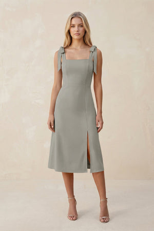 Square Neck A - Line Satin Midi Bridesmaid Dress With Bow in Silver - KissProm Bridesmaid Dresses