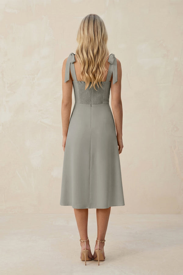 Square Neck A - Line Satin Midi Bridesmaid Dress With Bow in Silver - KissProm Bridesmaid Dresses