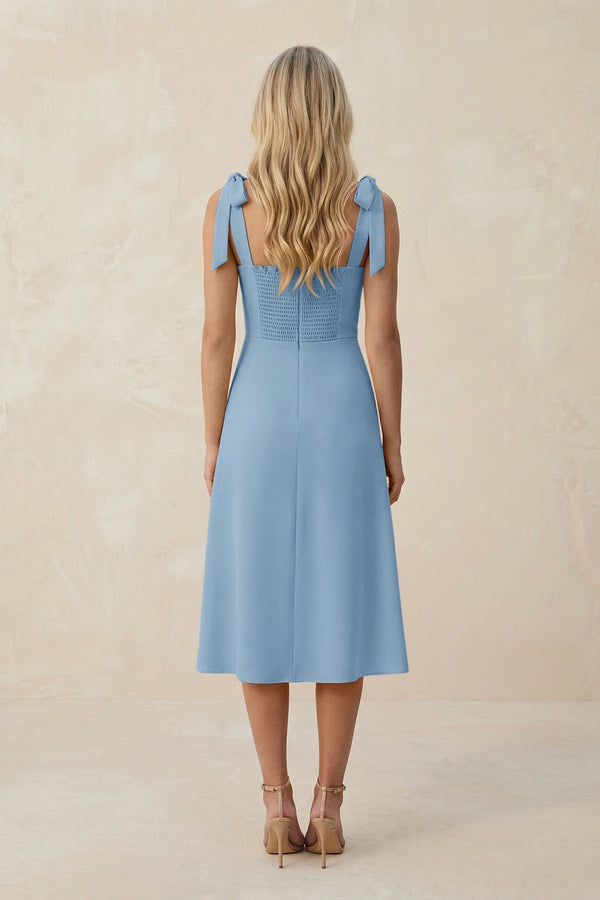 Square Neck A - Line Satin Midi Bridesmaid Dress With Bow in Sky Blue - KissProm Bridesmaid Dresses