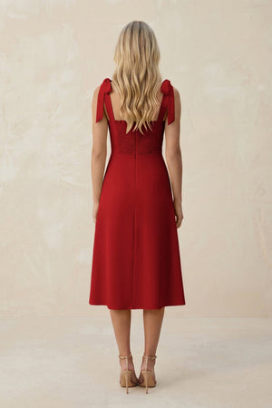 Square Neck A - Line Satin Midi Bridesmaid Dress With Bow in Spice - KissProm Bridesmaid Dresses