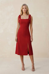 Square Neck A - Line Satin Midi Bridesmaid Dress With Bow in Spice - KissProm Bridesmaid Dresses