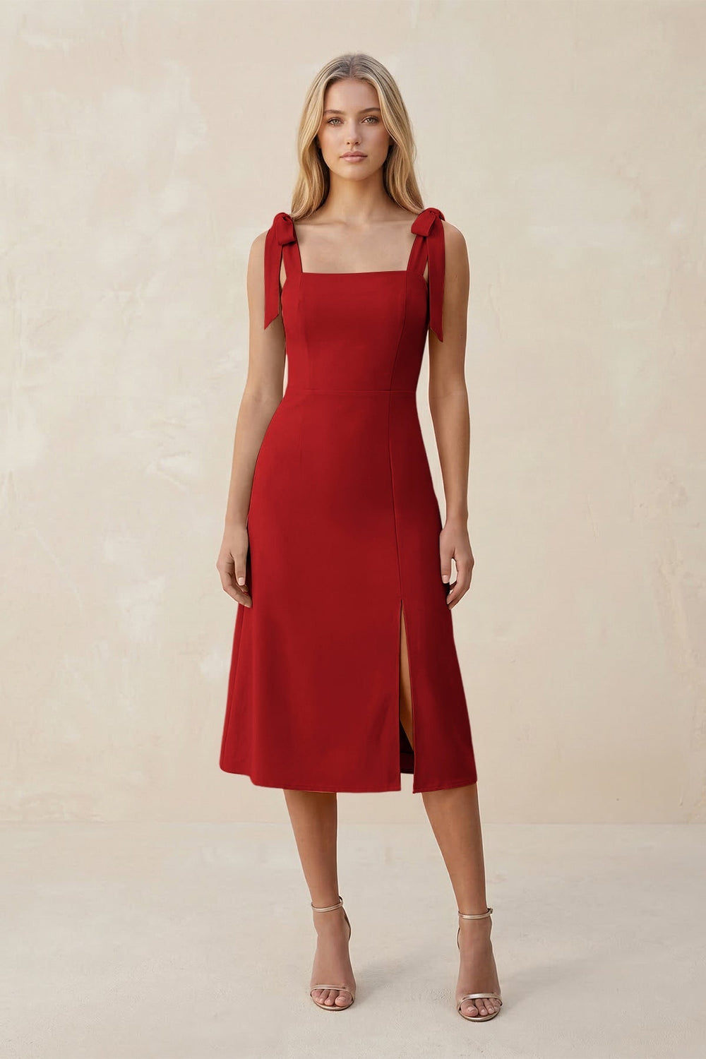 Square Neck A - Line Satin Midi Bridesmaid Dress With Bow in Spice - KissProm Bridesmaid Dresses