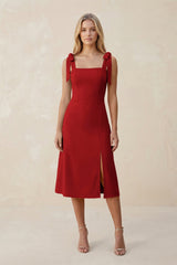 Square Neck A - Line Satin Midi Bridesmaid Dress With Bow in Spice - KissProm Bridesmaid Dresses