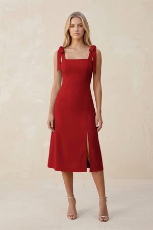 Square Neck A - Line Satin Midi Bridesmaid Dress With Bow in Spice - KissProm Bridesmaid Dresses