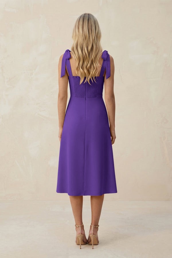 Square Neck A - Line Satin Midi Bridesmaid Dress With Bow in Tahiti - KissProm Bridesmaid Dresses