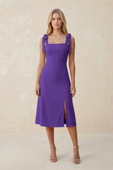 Square Neck A - Line Satin Midi Bridesmaid Dress With Bow in Tahiti - KissProm Bridesmaid Dresses