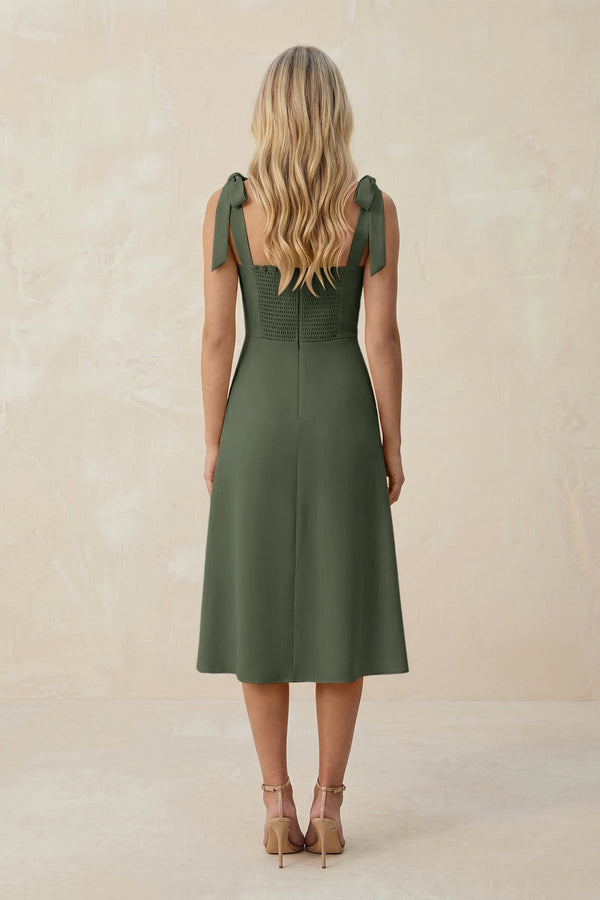Square Neck A - Line Satin Midi Bridesmaid Dress With Bow in Thyme - KissProm Bridesmaid Dresses