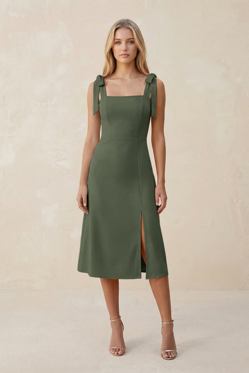 Square Neck A - Line Satin Midi Bridesmaid Dress With Bow in Thyme - KissProm Bridesmaid Dresses