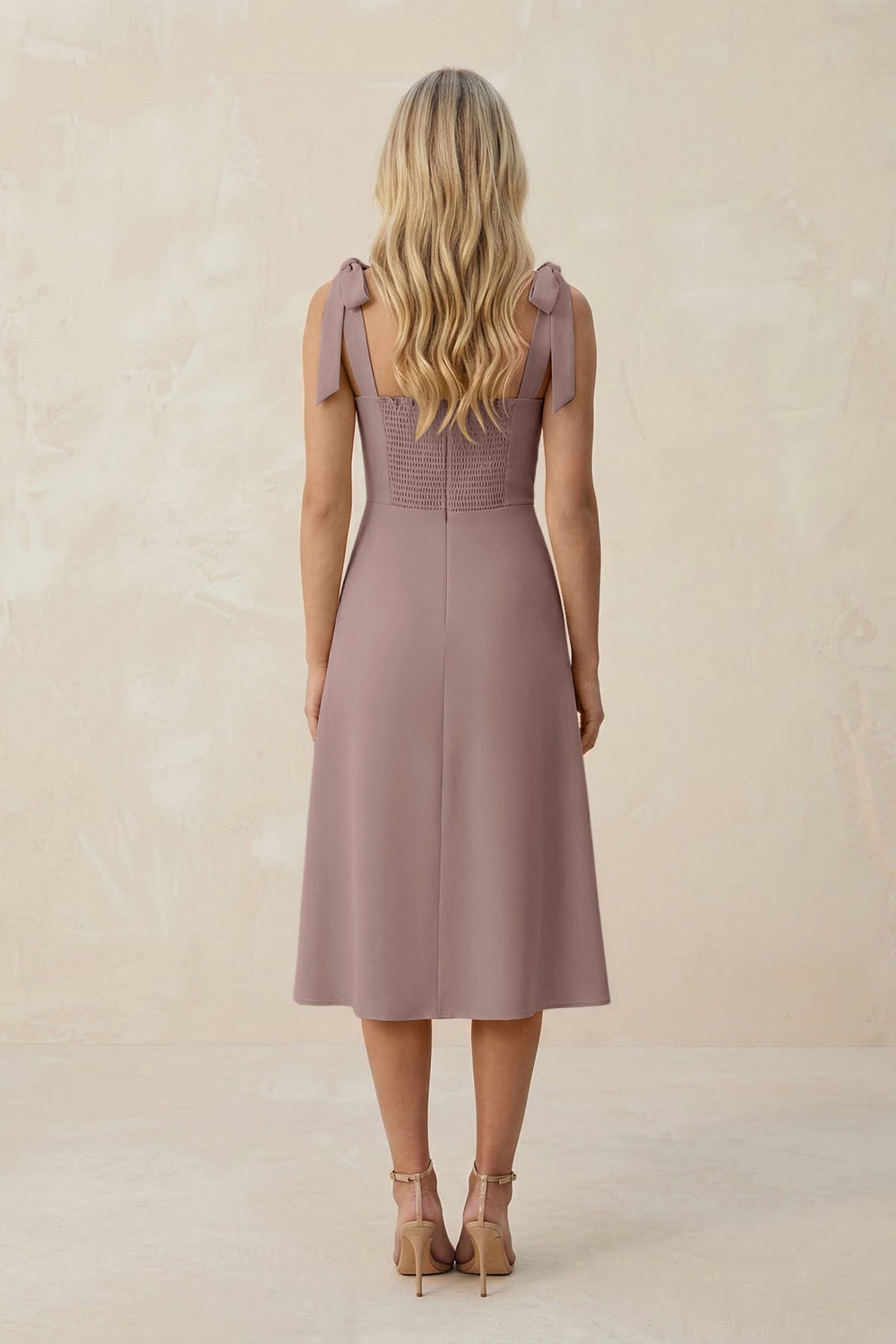 Square Neck A - Line Satin Midi Bridesmaid Dress With Bow in Toffee - KissProm Bridesmaid Dresses