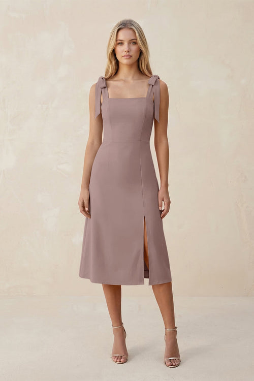 Square Neck A - Line Satin Midi Bridesmaid Dress With Bow in Toffee - KissProm Bridesmaid Dresses
