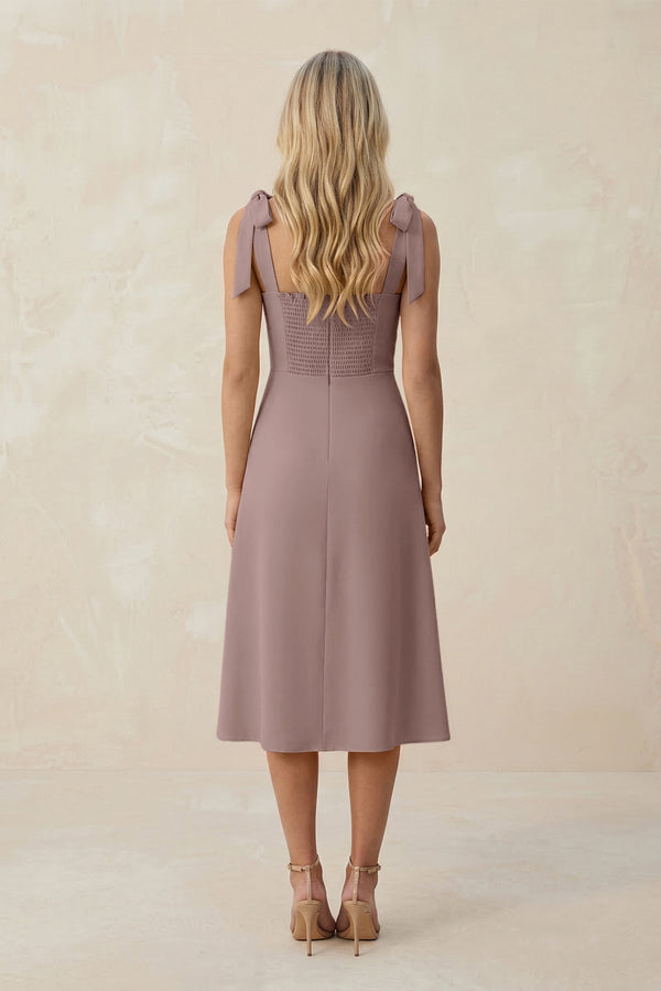 Square Neck A - Line Satin Midi Bridesmaid Dress With Bow in Toffee - KissProm Bridesmaid Dresses