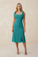 Square Neck A - Line Satin Midi Bridesmaid Dress With Bow in Turquoise - KissProm Bridesmaid Dresses