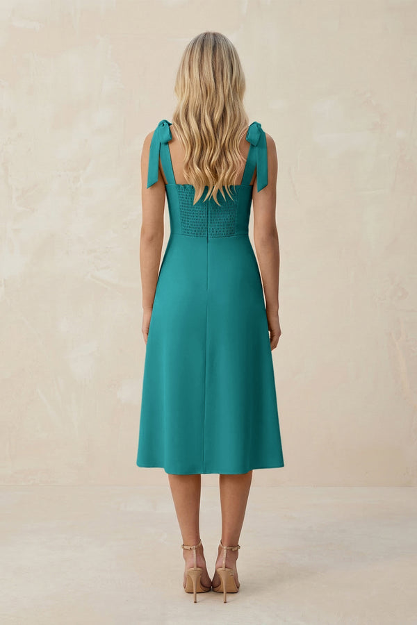 Square Neck A - Line Satin Midi Bridesmaid Dress With Bow in Turquoise - KissProm Bridesmaid Dresses