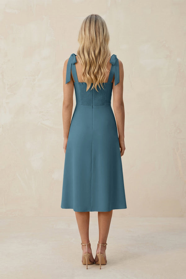 Square Neck A - Line Satin Midi Bridesmaid Dress With Bow in Twilight - KissProm Bridesmaid Dresses