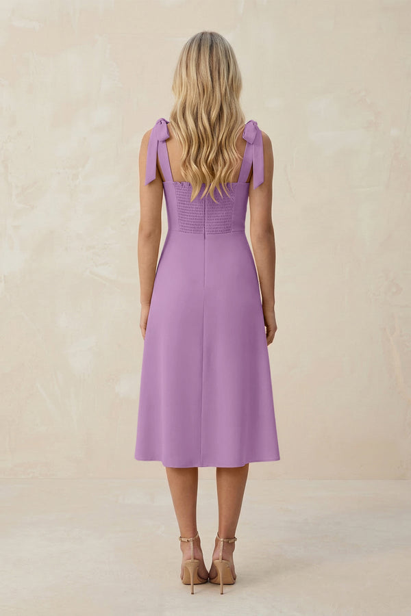 Square Neck A - Line Satin Midi Bridesmaid Dress With Bow in Vintage Mauve - KissProm Bridesmaid Dresses