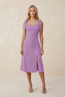 Square Neck A - Line Satin Midi Bridesmaid Dress With Bow in Vintage Mauve - KissProm Bridesmaid Dresses