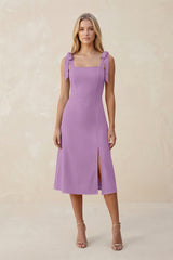 Square Neck A - Line Satin Midi Bridesmaid Dress With Bow in Vintage Mauve - KissProm Bridesmaid Dresses