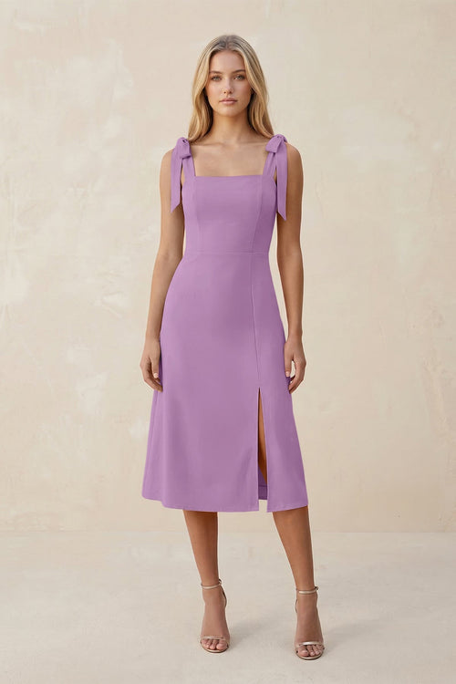 Square Neck A - Line Satin Midi Bridesmaid Dress With Bow in Vintage Mauve - KissProm Bridesmaid Dresses