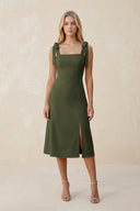 Square Neck A - Line Satin Midi Bridesmaid Dress With Bow in Willow Green - KissProm Bridesmaid Dresses