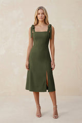 Square Neck A - Line Satin Midi Bridesmaid Dress With Bow in Willow Green - KissProm Bridesmaid Dresses