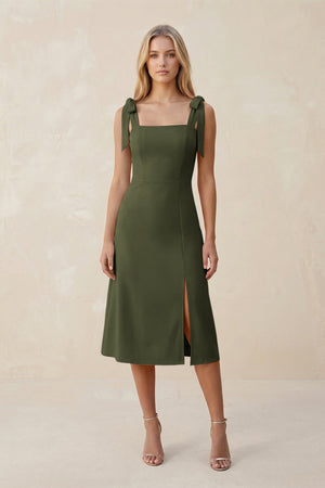 Square Neck A - Line Satin Midi Bridesmaid Dress With Bow in Willow Green - KissProm Bridesmaid Dresses