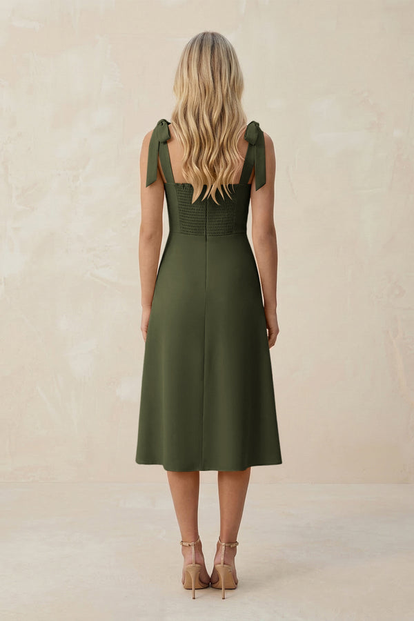 Square Neck A - Line Satin Midi Bridesmaid Dress With Bow in Willow Green - KissProm Bridesmaid Dresses