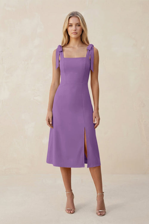 Square Neck A - Line Satin Midi Bridesmaid Dress With Bow in Wisteria - KissProm Bridesmaid Dresses