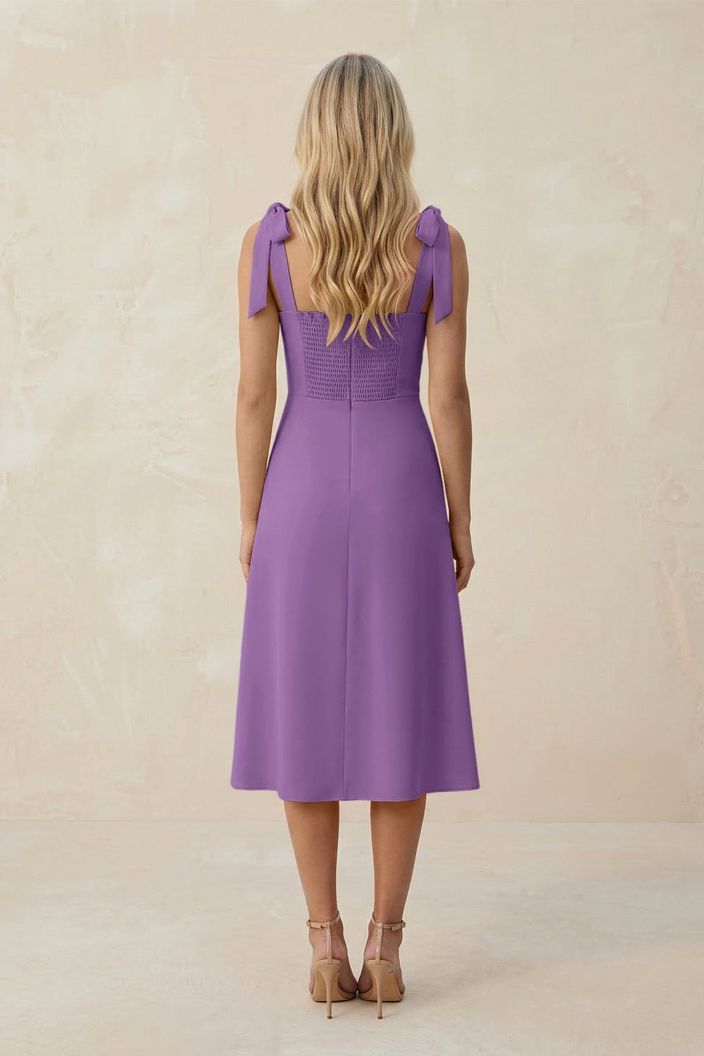 Square Neck A - Line Satin Midi Bridesmaid Dress With Bow in Wisteria - KissProm Bridesmaid Dresses