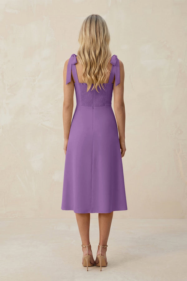 Square Neck A - Line Satin Midi Bridesmaid Dress With Bow in Wisteria - KissProm Bridesmaid Dresses