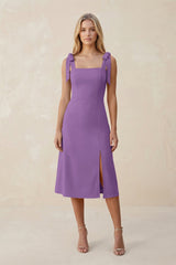 Square Neck A - Line Satin Midi Bridesmaid Dress With Bow in Wisteria - KissProm Bridesmaid Dresses