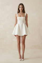 Square Neck A - Line Satin Mini Wedding Dress With Bow in Ivory - KissProm Wedding Dresses