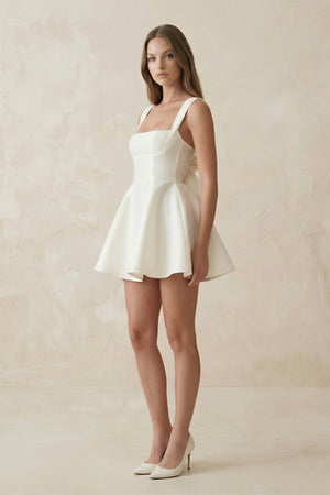 Square Neck A - Line Satin Mini Wedding Dress With Bow in Ivory - KissProm Wedding Dresses