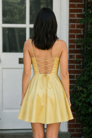 Square Neck A Line Sleeveless Satin Short Homecoming Dress - KissProm
