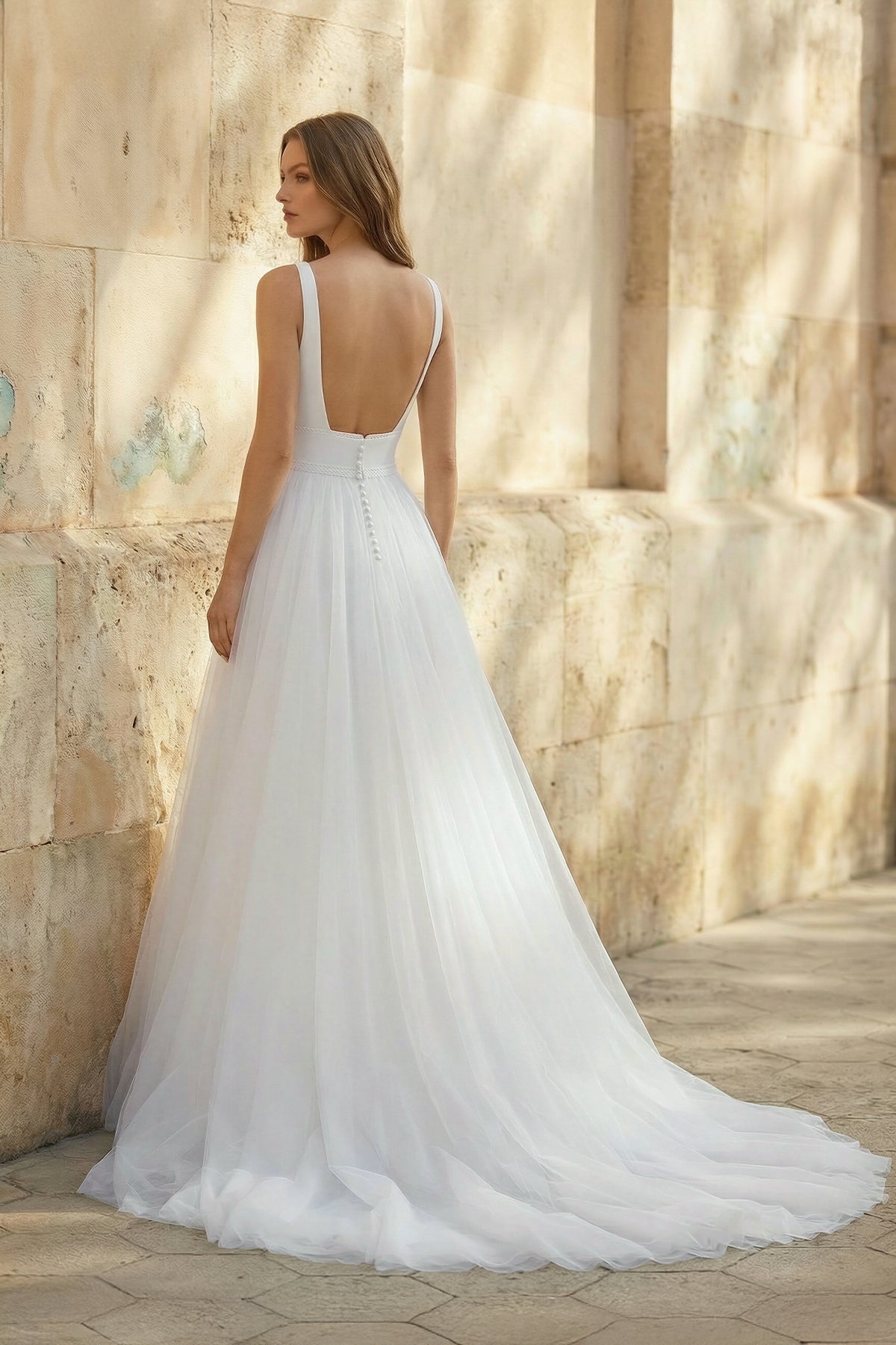 Simple A-Line Minimalist Casual Square Tulle Wedding Dress with Sweep Train, Diamond White / 10 Simple A-Line Minimalist Casual Square Tulle Wedding Dress with Sweep Train, Diamond White / 10