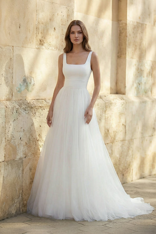 Luciana | Simple A-Line Minimalist Casual Square Tulle Wedding Dress with Sweep Train