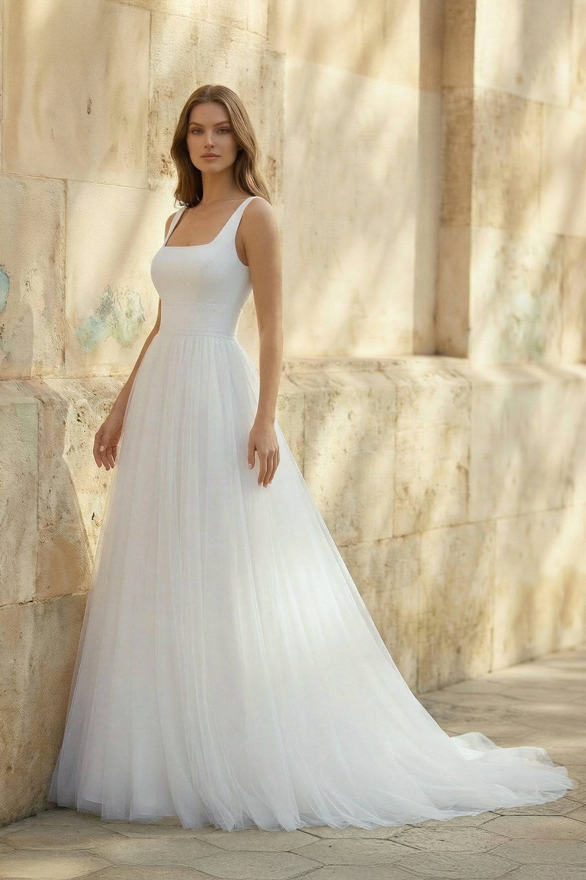 Simple A-Line Minimalist Casual Square Tulle Wedding Dress with Sweep Train, Diamond White / 10