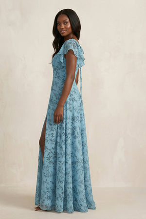 Square Neck Cap Sleeve A - Line Floral Chiffon Bridesmaid Dress in Adriatic Blue - KissProm Bridesmaid Dresses