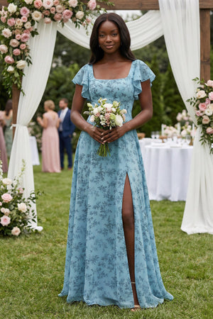 Square Neck Cap Sleeve A - Line Floral Chiffon Bridesmaid Dress in Adriatic Blue - KissProm Bridesmaid Dresses