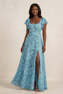 Square Neck Cap Sleeve A - Line Floral Chiffon Bridesmaid Dress in Adriatic Blue - KissProm Bridesmaid Dresses