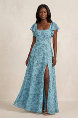 Square Neck Cap Sleeve A - Line Floral Chiffon Bridesmaid Dress in Adriatic Blue - KissProm Bridesmaid Dresses