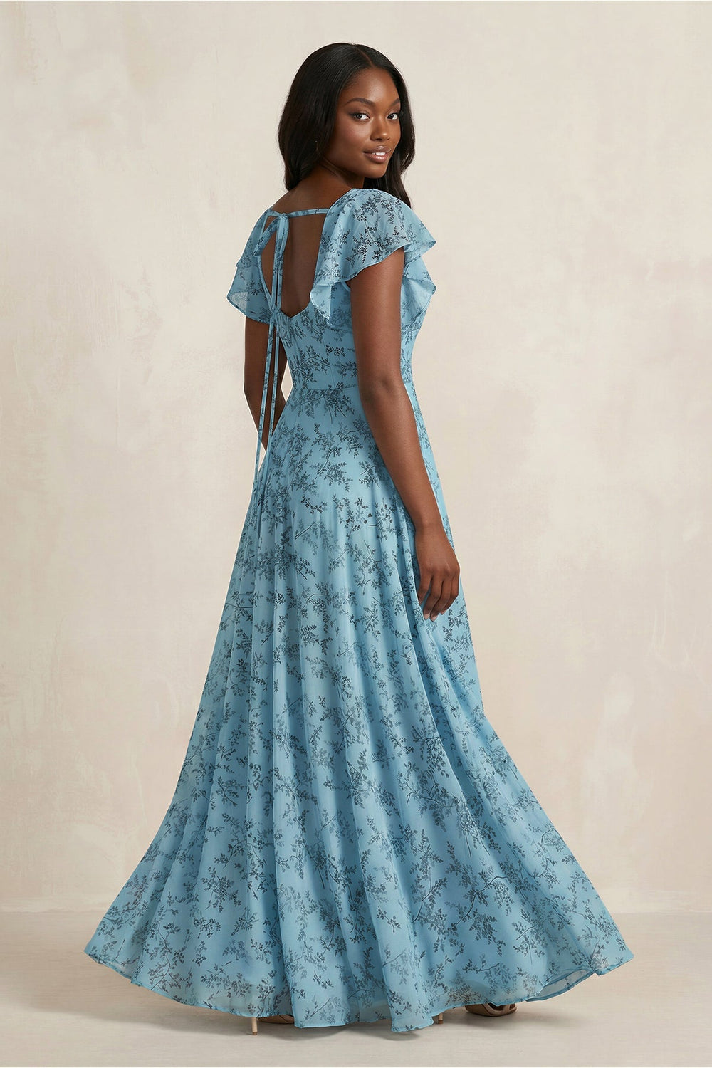 Square Neck Cap Sleeve A - Line Floral Chiffon Bridesmaid Dress in Adriatic Blue - KissProm Bridesmaid Dresses