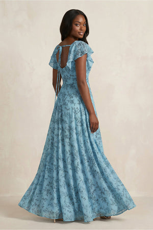 Square Neck Cap Sleeve A - Line Floral Chiffon Bridesmaid Dress in Adriatic Blue - KissProm Bridesmaid Dresses