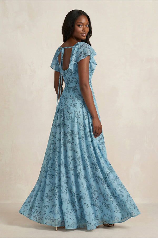 Square Neck Cap Sleeve A - Line Floral Chiffon Bridesmaid Dress in Adriatic Blue - KissProm Bridesmaid Dresses