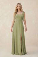 Square Neck Chiffon A - Line Bridesmaid Dress With Bow - KissProm Bridesmaid Dresses