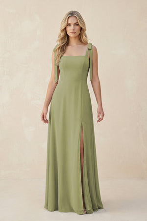 Square Neck Chiffon A - Line Bridesmaid Dress With Bow - KissProm Bridesmaid Dresses