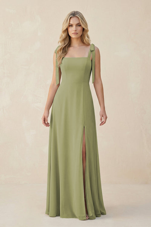Square Neck Chiffon A - Line Bridesmaid Dress With Bow - KissProm Bridesmaid Dresses